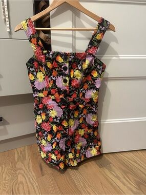 Maeve Black Floral Sleeveless Romper with Buttons